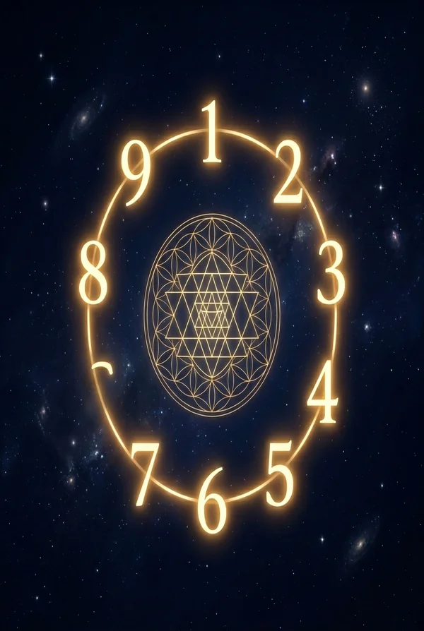 Numbers 1 through 9 in a golden circle with sacred geometry